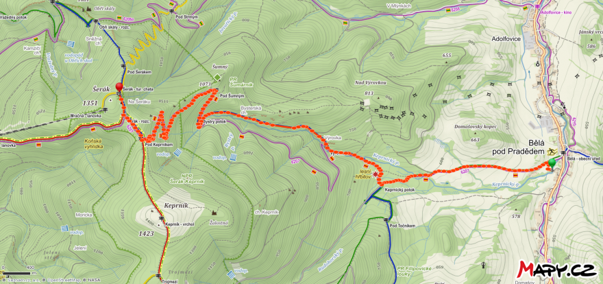 Mapa trati Běh na Šerák, 9,5 km